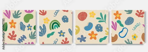 Fun colorful seamless pattern collection. Creative 70s style geometric shape background for children or trendy design with bright collage shapes. Simple and playful childish doodle backdrop set