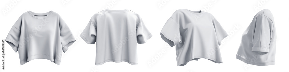 Set of white woman loose cropped midriff tee t shirt round neck front, back and side view on transparent background cutout, PNG file. Mockup template for artwork graphic design
Set of white woman loose cropped midriff tee t shirt round neck front, back and side view on transparent background cutout, PNG file. Mockup template for artwork graphic design