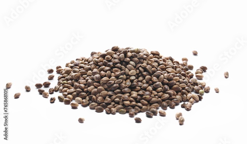 Hemp seeds line isolated on white background, side view