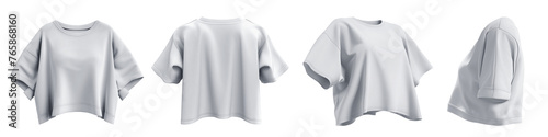 Set of white woman loose cropped midriff tee t shirt round neck front, back and side view on transparent background cutout, PNG file. Mockup template for artwork graphic design	
