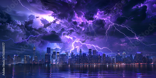 Purplr lightning storm over the city buildings A purple lightning storm with a city in the background.
 photo
