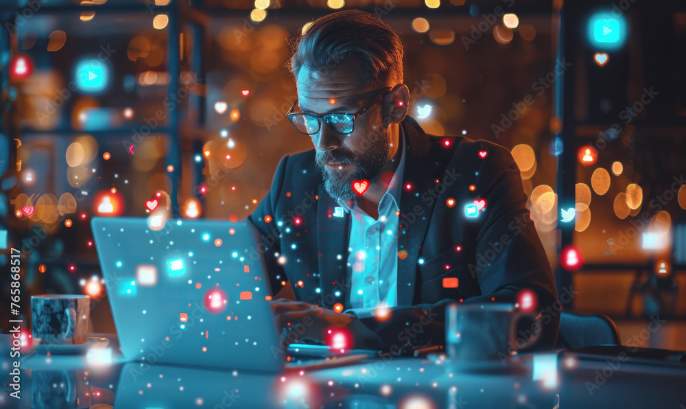 Serious businessman working on a laptop at night with digital social network icons connecting in the foreground.
Serious businessman working on a laptop at night with digital social network icons connecting in the foreground.