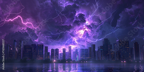 Purple light thunders over city during storm Purple beautiful on city with storm on purplr sky background.
 photo