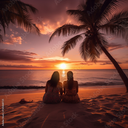 Romantic lesbian couple on beach at sunset © Kokhanchikov