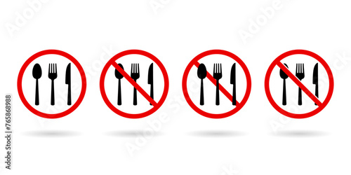 No Food sign. Eating prohibited icon. Cutlery and prohibition sign. Anti spyware icon symbol illustration.