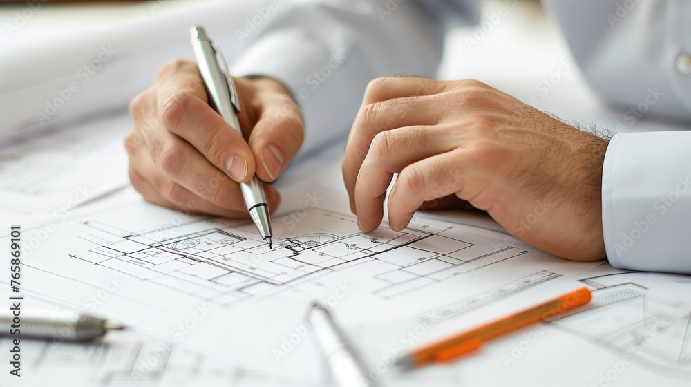 Close-up of architect drawing blueprints on table at his office Close-up of architect drawing blueprints on table at his office