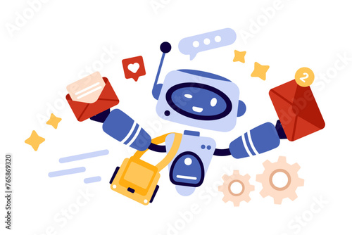 Delivery of emails and SMS, newsletters with AI service. Friendly robot postman in hurry to deliver envelopes with unread message counter, reminder of new letters cartoon vector illustration