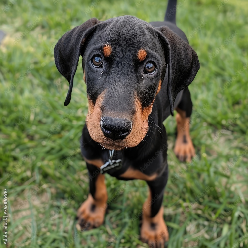 Doberman puppy with oversized paws its yet to grow into standing confidently on a grassy lawn