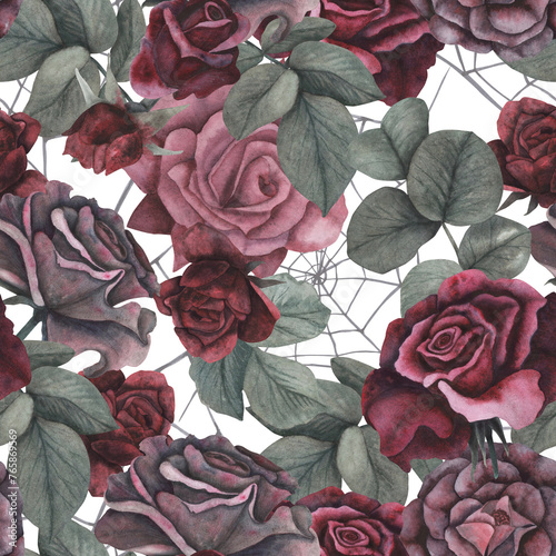 Seamless pattern black spider with cobweb and dark roses flowers and leaves isolated on white background. Watercolor hand draw dark fantasy illustration. Art design mystical Halloween witch decoration