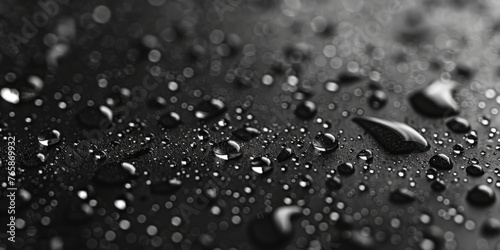 Multiple water droplets are visible on a dark black surface, reflecting light and creating a striking contrast