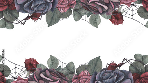Seamless border black spider with cobweb and dark roses flowers and leaves isolated on white background. Watercolor hand draw dark fantasy illustration. Art design mystical Halloween witch decoration