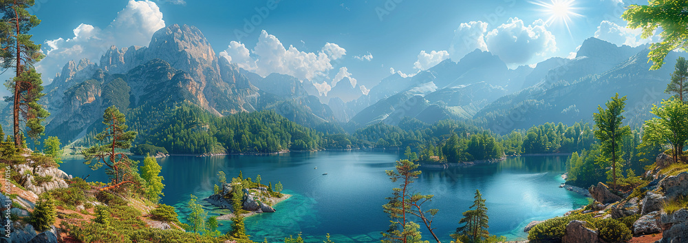 Lake in the mountains. Created with Ai