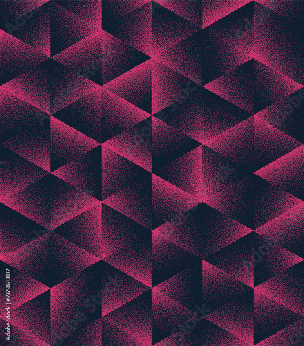 Triangles and Hexagons Seamless Pattern Trend Vector Noir Purple Abstract Background. Geometric Pink Black Halftone Art Illustration. Endless Graphic Technologic Abstraction Wallpaper Dot Work Texture