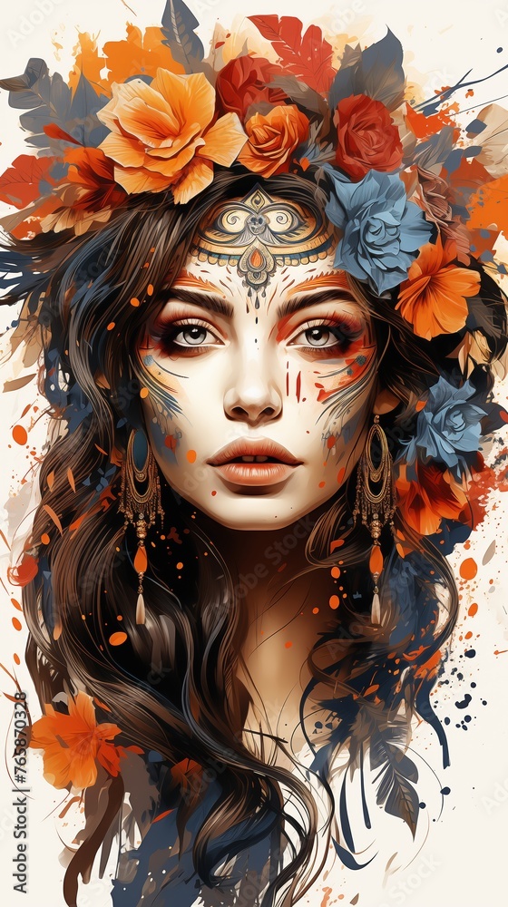 woman with intricate face paint and vibrant autumnal floral headpiece