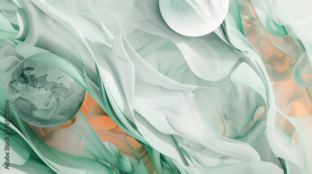 abstrakter, moderner, bizarrer 3d-Hintergrund mit grünen und orangen fließenden Wellen - obrazy, fototapety, plakaty 