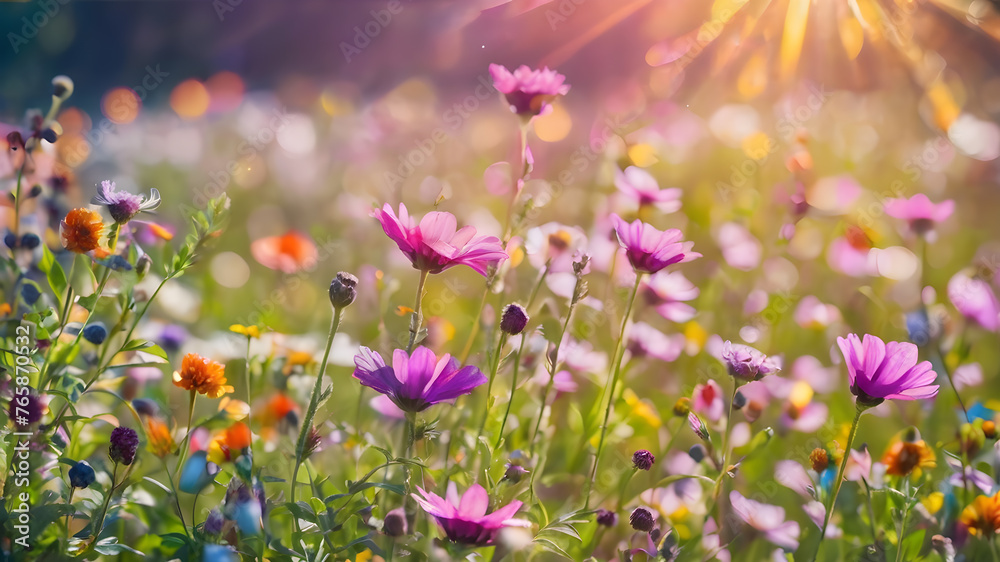 Fototapeta premium Artifical Intelligence generated vivid colorful floral landscape scenery. Floral background in nature on the mountains. AI generated image