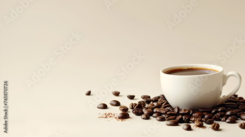 Coffee Cup with Scattered Coffee Beans, Fresh Brew Closeup, Aromatic Morning, Generative Ai