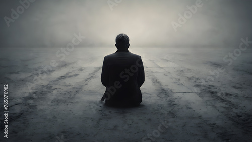 Silhouette of depressed man. Silhouette depressed man behaving sadly. Sad man suffering depression insomnia awake and sit alone on the bed in bedroom. AI generated image, ai..