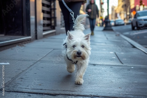 A confident Westie strutting down a city sidewalk, its tail held high and head held higher as it takes in the sights and sounds of the urban landscape, © Anna