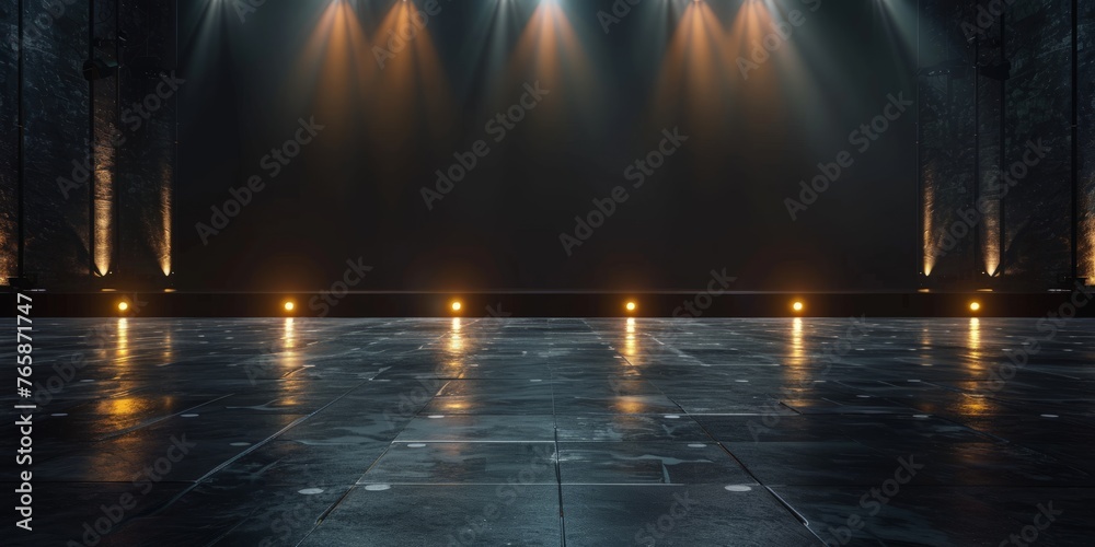 An empty stage is brightly lit by multiple spotlights shining down on it, creating a dramatic ambiance
