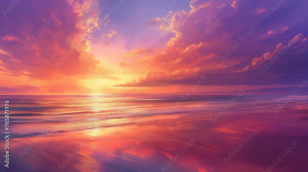 A majestic sunset painting the sky with hues of orange, pink, and purple over a tranquil beach