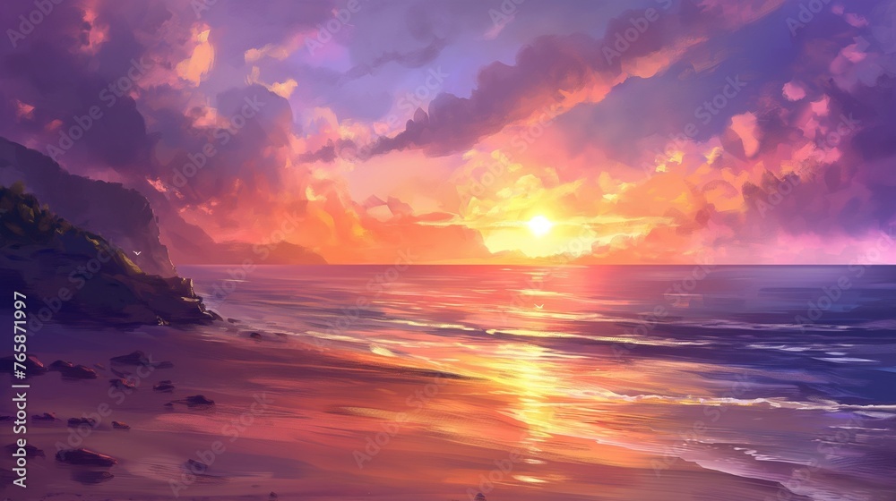 A majestic sunset painting the sky with hues of orange, pink, and purple over a tranquil beach