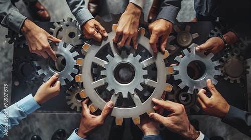 Teamwork of business people work together and combine pieces of gears, ai generated photo