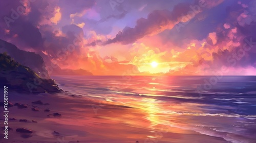 A majestic sunset painting the sky with hues of orange, pink, and purple over a tranquil beach © Image Studio