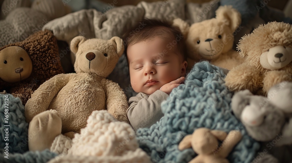 A newborn baby sleeping peacefully in a cozy crib surrounded by stuffed animals and soft blankets