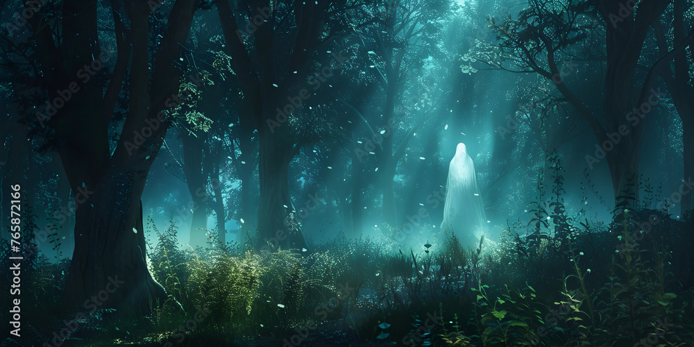 d Magical fantasy fairy tale scenery night in a forest.  dark mystical fantasy night forest.