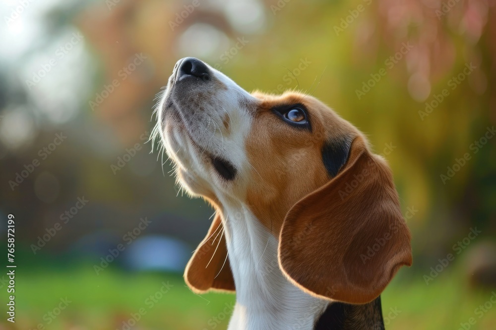 A curious beagle sniffs the air, its ears perked up in interest,