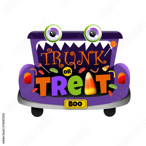 A trunk or treat isolated graphic of a car decorated for Halloween theme trick or treat activity with candy