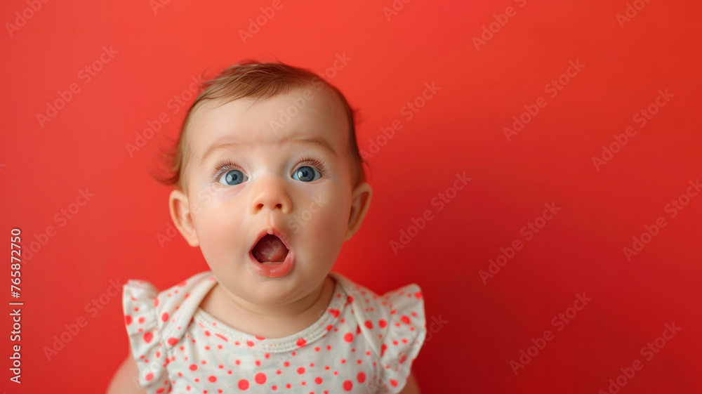 A baby is standing on a red background and is looking up with wide eyes. The baby is wearing a white shirt with a heart pattern. Concept of innocence and curiosity. baby isolated on red background A baby is standing on a red background and is looking up with wide eyes. The baby is wearing a white shirt with a heart pattern. Concept of innocence and curiosity. baby isolated on red background