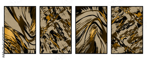 Set of 4 Abstract art. Artistic illustration for printing. The Art of the Golden Wall. Modern interior design. Vintage grunge old .