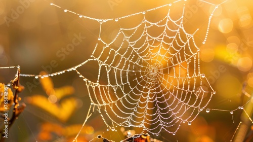 A close-up of a dew-kissed spider web glistening in the morning light, showcasing intricate patterns and droplets