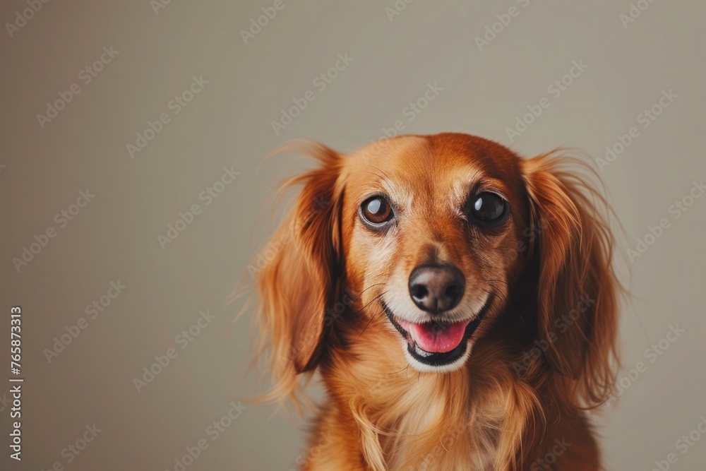 A Dachshund with a charming smile, positioned centrally against a plain backdrop, allowing for text placement on either side.