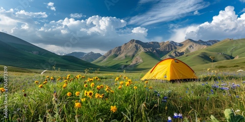 A tent is pitched in a vast field with towering mountains in the background under a clear sky