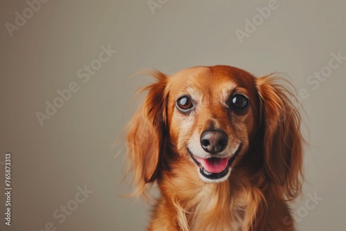 A Dachshund with a charming smile  positioned centrally against a plain backdrop  allowing for text placement on either side.