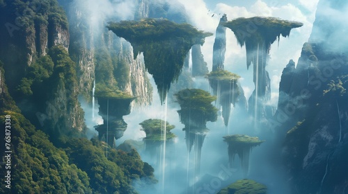 A surreal landscape of floating islands and cascading waterfalls in an otherworldly realm