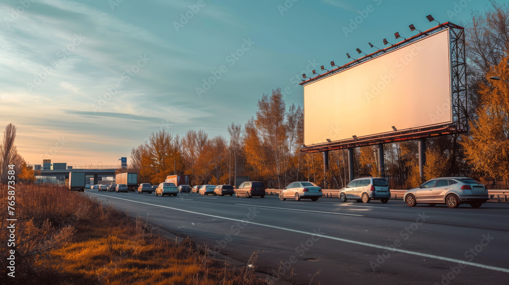 Empty Billboard During Daytime on Busy Road Business Traffic, Generative AI