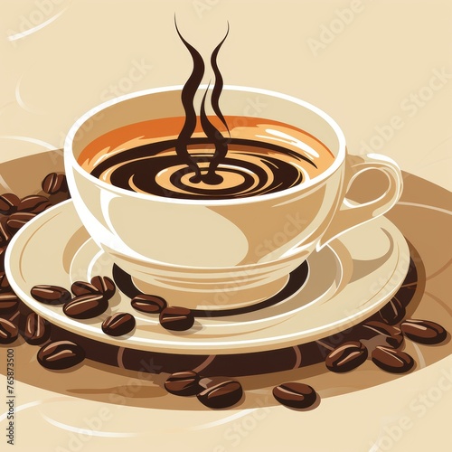 The coffee cup is simple and elegant, with a curved handle and a round base. The coffee beans are dark brown and roasted, and they are scattered around the cup.