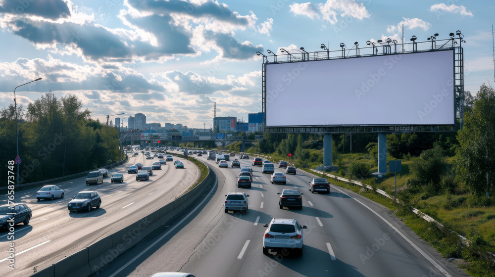 Empty Billboard During Daytime on Busy Road Business Traffic, Generative AI