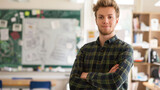 A smiling man stands confidently in front of a classroom whiteboard.