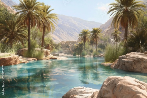 A tranquil desert oasis with palm trees and a shimmering pool of water  a refuge in the arid landscape