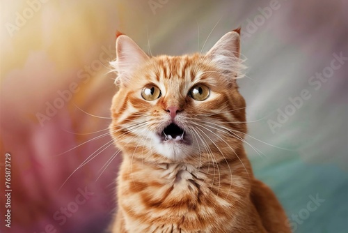 Orange tabby cat with slightly open mouth and alert green eyes. Astonished cat. Pets behavior concept.
