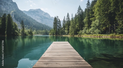 A serene mountain lake surrounded by towering pine trees, with a wooden dock stretching out into the water