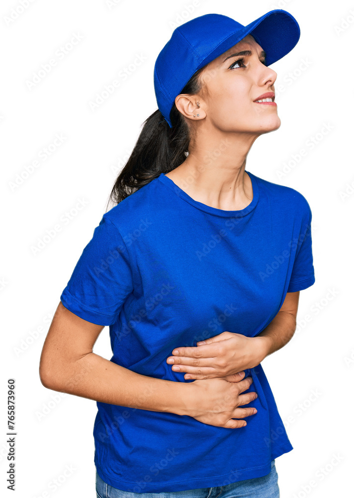 Young hispanic girl wearing delivery courier uniform with hand on stomach because nausea, painful disease feeling unwell. ache concept. Young hispanic girl wearing delivery courier uniform with hand on stomach because nausea, painful disease feeling unwell. ache concept.