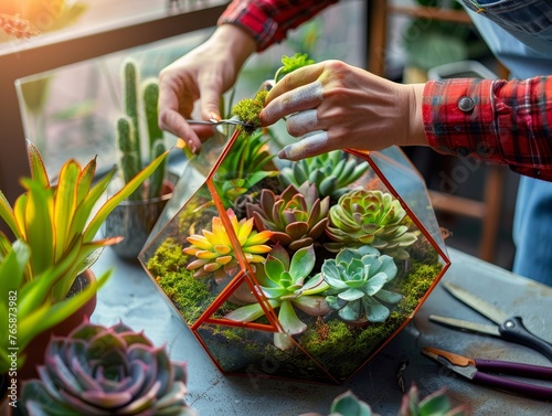 Person Arranging Succulents on Table