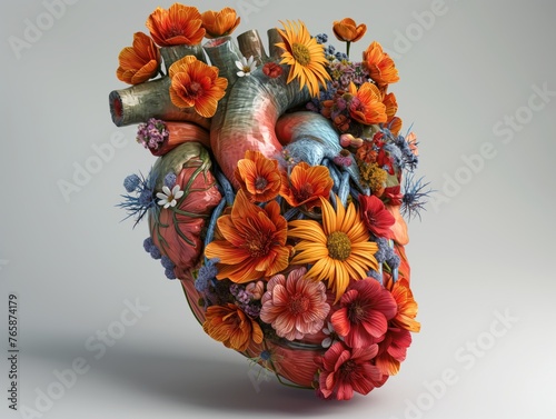 Anatomic watercolour heart with big flowers