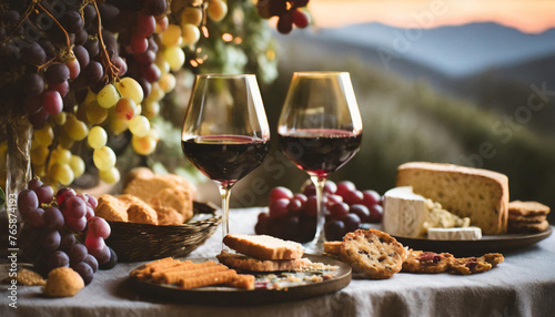 Two glasses of red wine sit at a table overlooking a beautiful Mountain View of a vineyard. Surrounding the wine are grapes, artisan breads in a basket, crackers, aged cheese at sunset.
